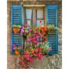 Overige Accessoires-All Seasons Posters  Raam met blauwe luiken en bloemen tuinposter 60 x  80