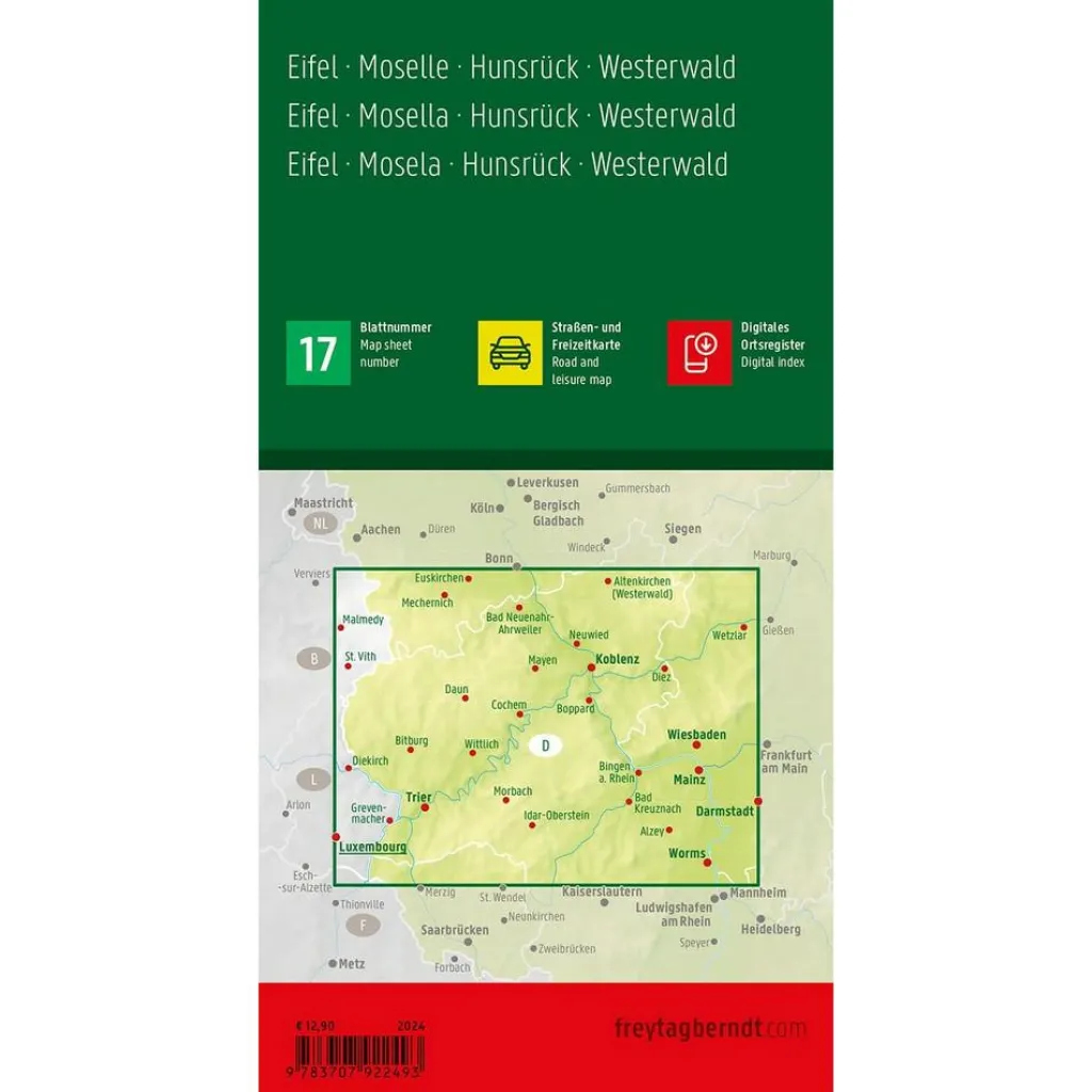 Reisboeken & Kaarten-Freytag & Berndt  Eifel Moezel Hunsrück Westerwald vrijetijds- en  wegenkaart