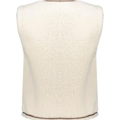 Geisha Teddy Embroidery vest dames off white tape dark brown zigzag< Truien & Vesten