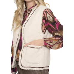 Geisha Teddy Embroidery vest dames off white tape dark brown zigzag< Truien & Vesten